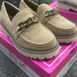 Hey Girl by Corky’s chain link loafer. Camel suede size 7. Brand new never worn